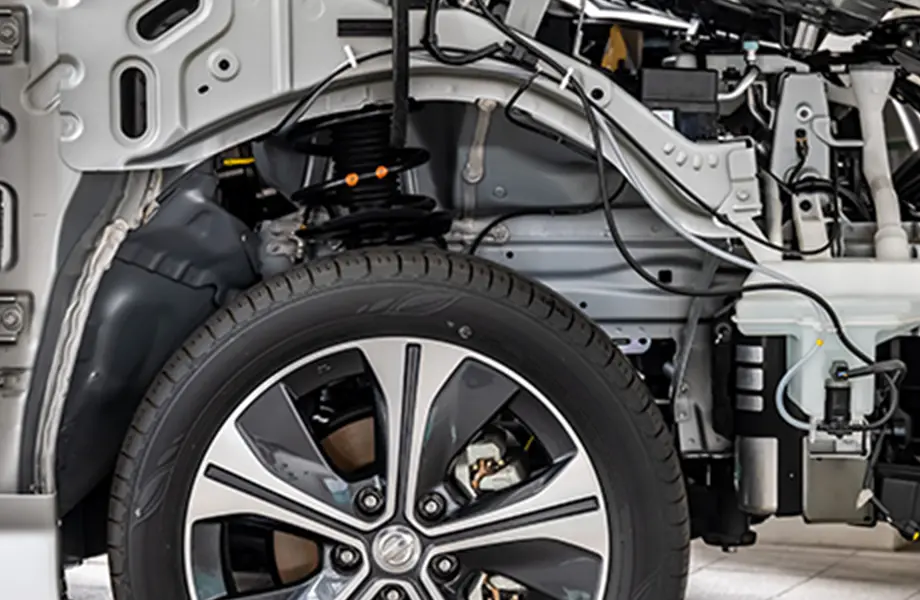 自動車のサスペンション部分とタイヤが映った車の内部の写真