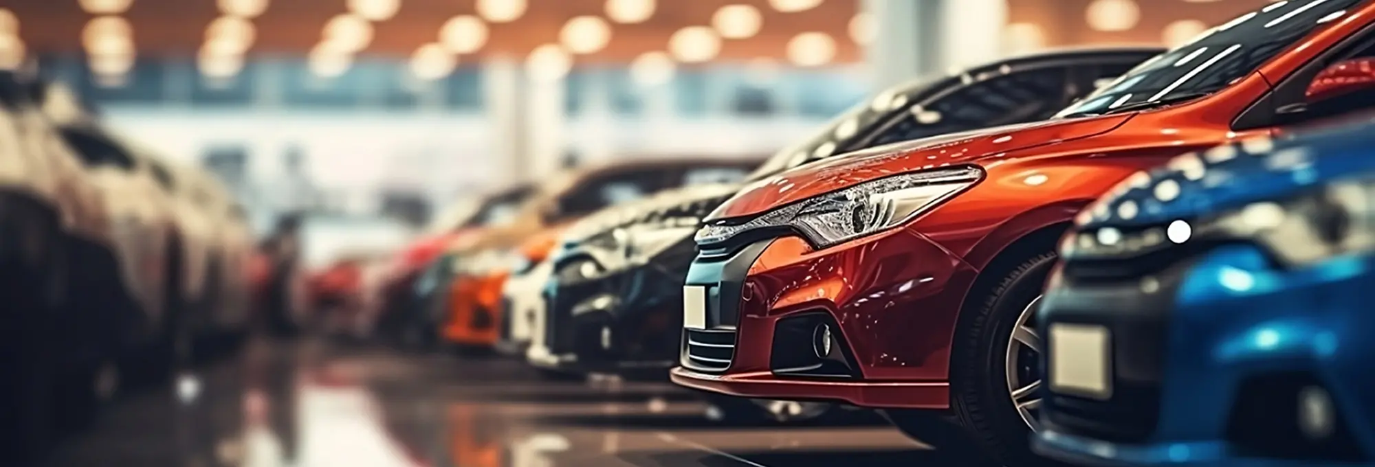 室内ショールームで多数の車両が列をなして展示されている