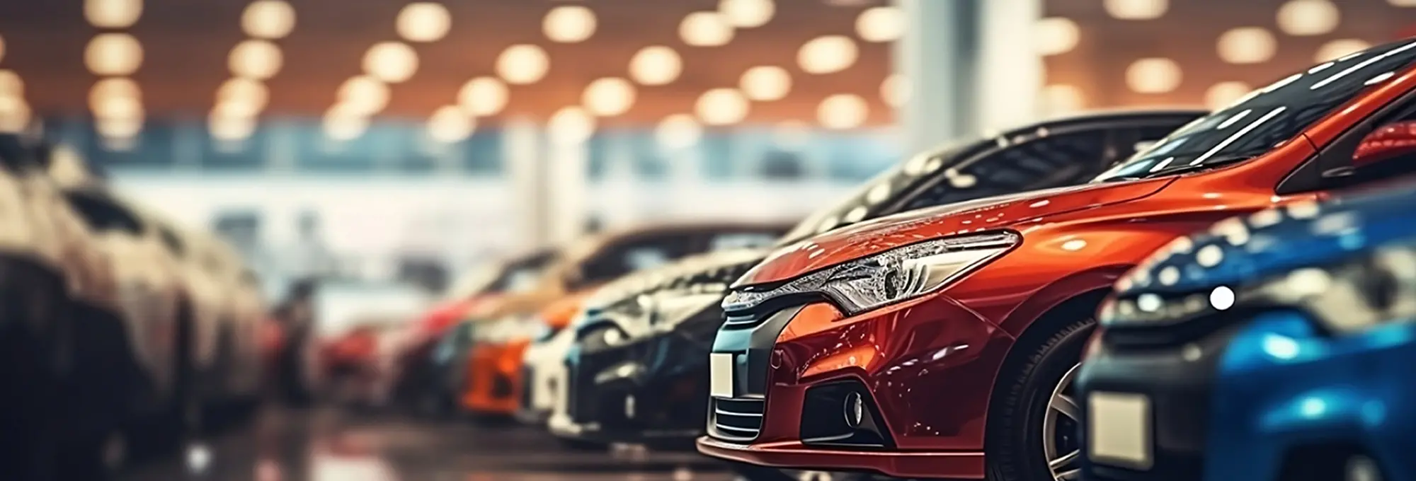 室内ショールームに整然と並ぶ複数のカラフルな乗用車