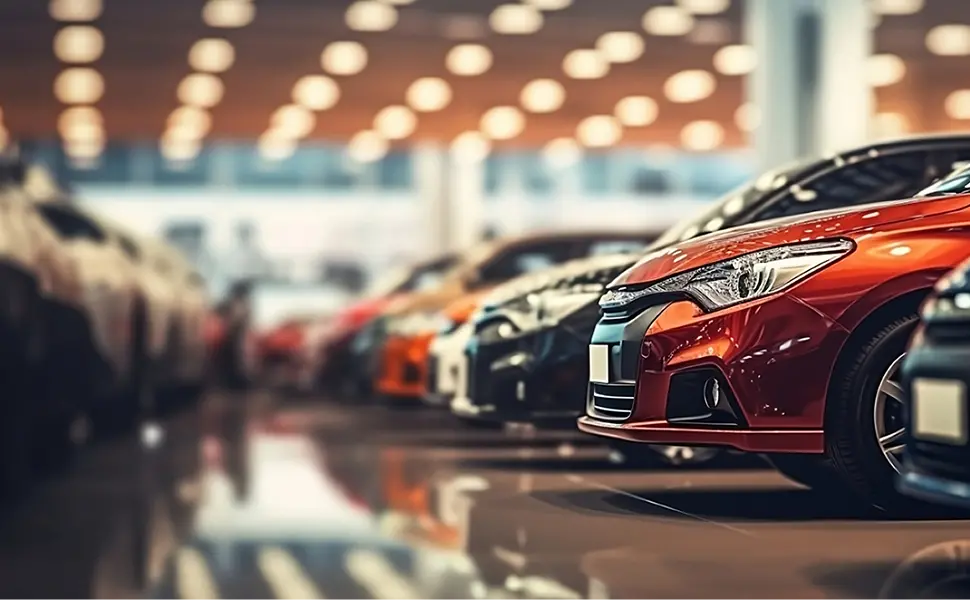 室内ショールームで多数の車両が列をなして展示されている